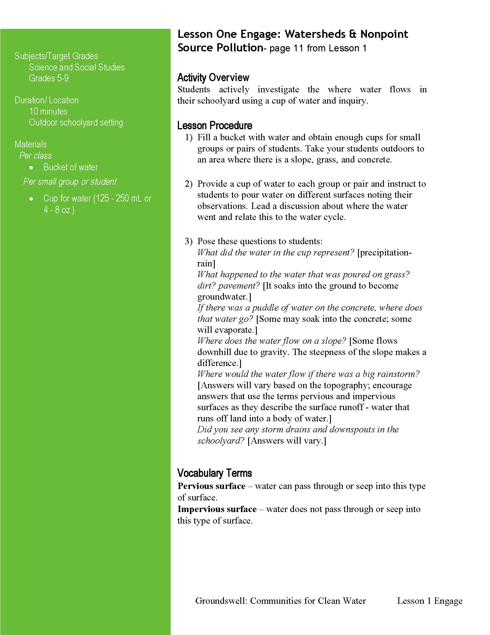 Cover page of Lesson One: Engage, Watersheds and Nonpoint Source Pollution